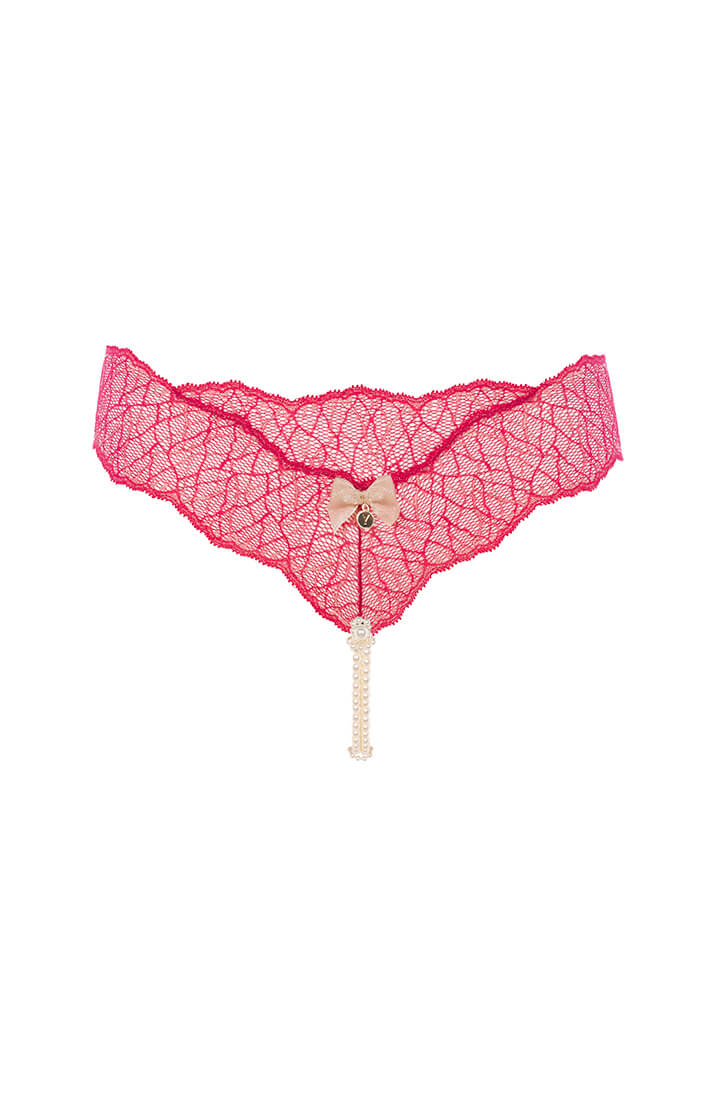 COAX Copenhagen red lingerie thong with white pearls and adjustable pearl ring