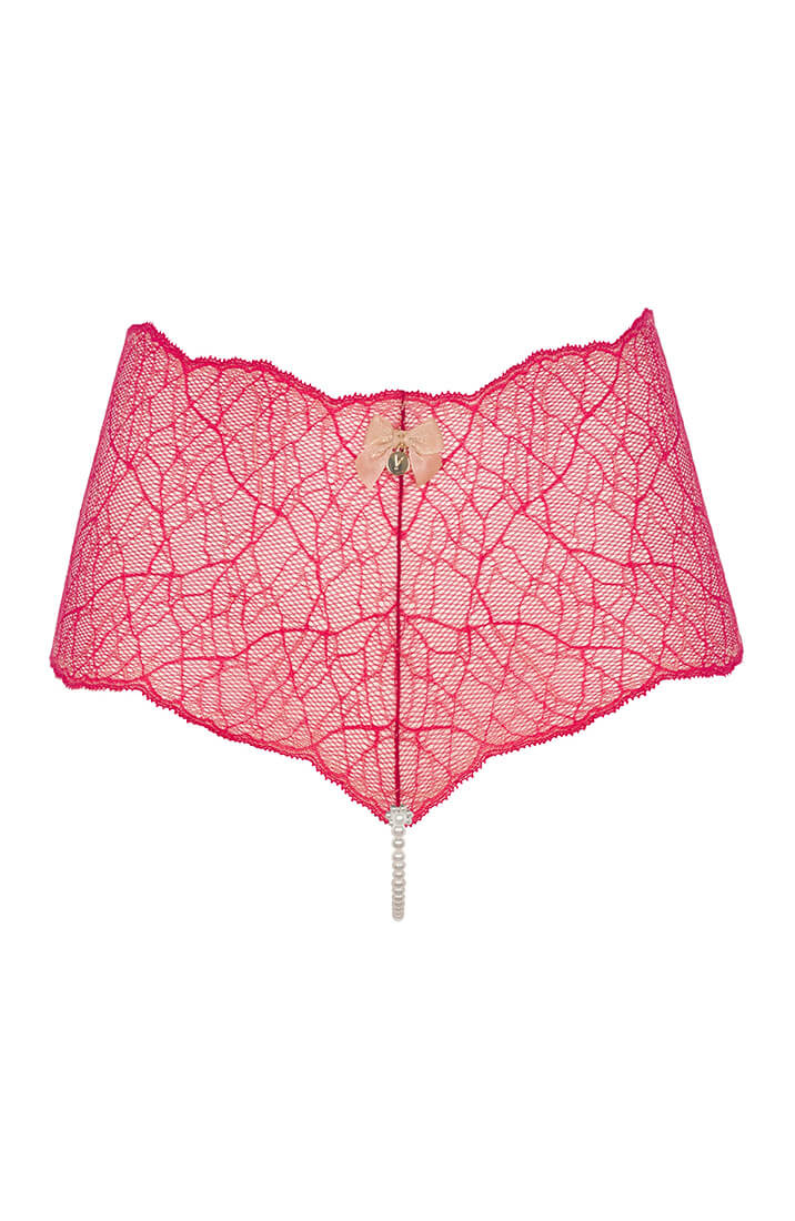 COAX Copenhagen red high-waist panty with gold lurex lace and pearl string detail