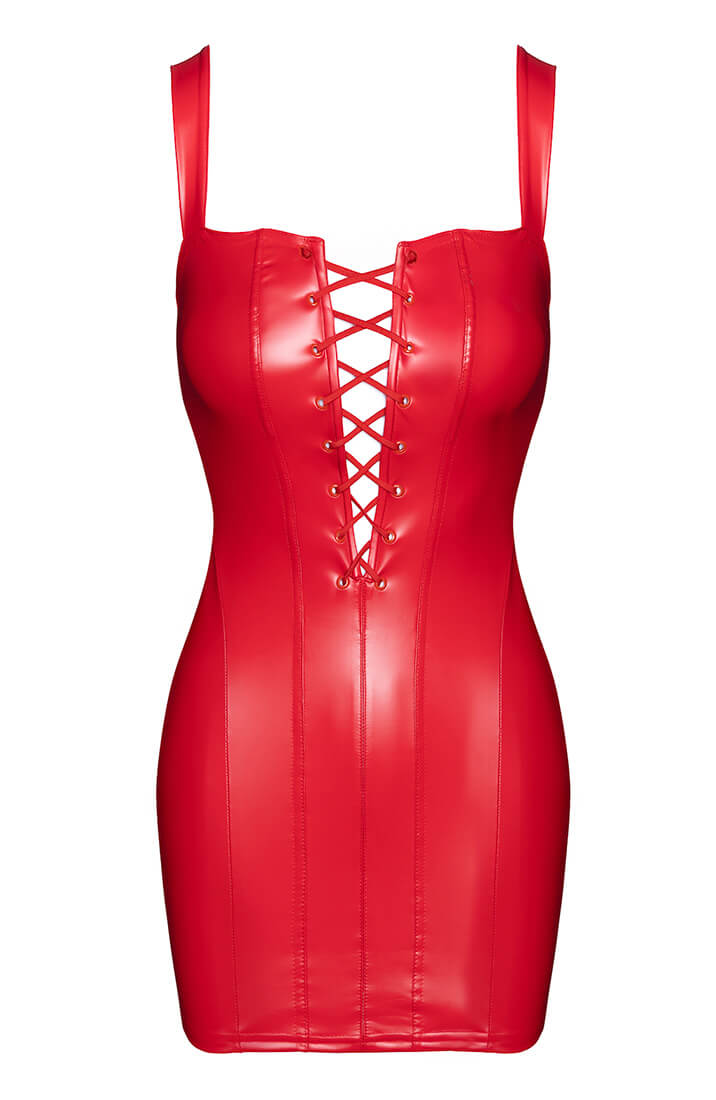 Detail shot of COAX Copenhagen red wet look lace-up neckline and matte finish