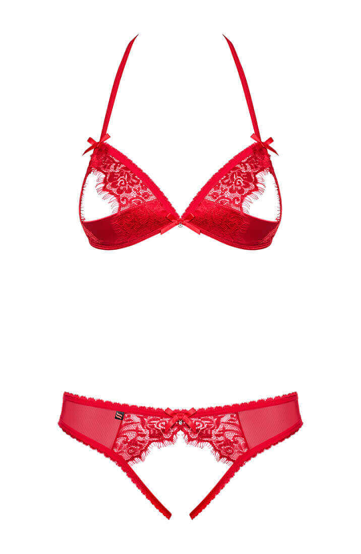 Red crotchless thong with delicate floral lace and strappy details