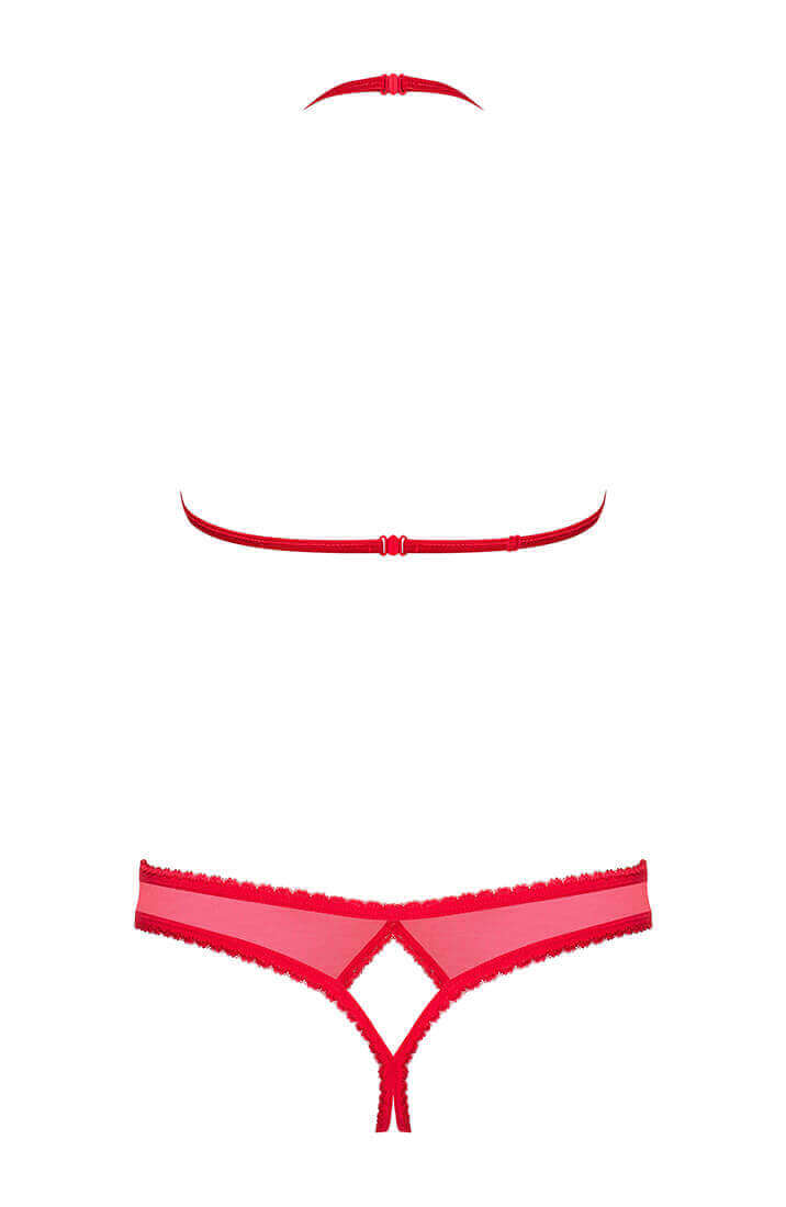 Provocative red open-cup lingerie set with decorative bows and eyelash lace