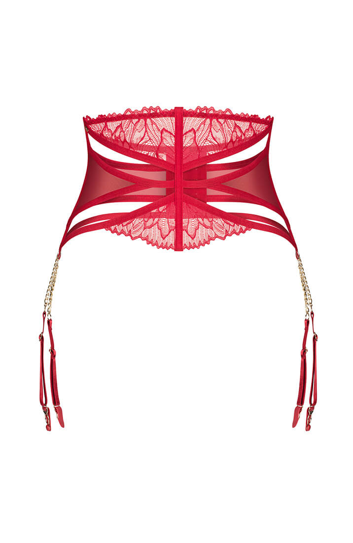 Sexy red suspender belt in lace and mesh with adjustable straps and chain details