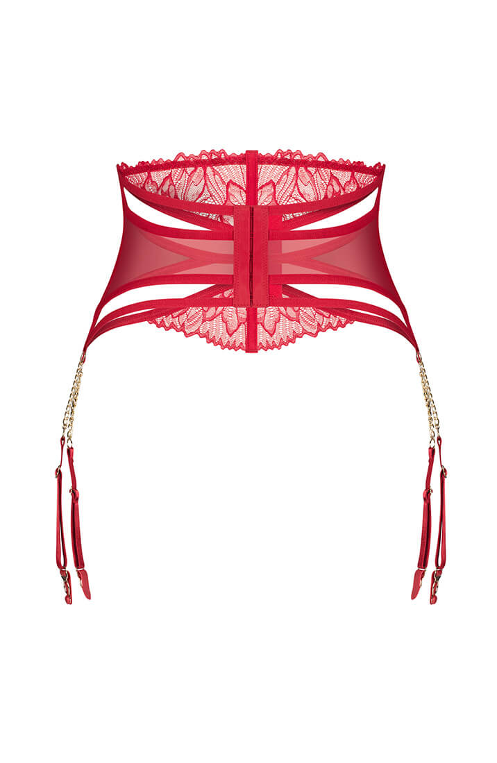 Elegant red lace suspender belt with shaping structure and gold accents
