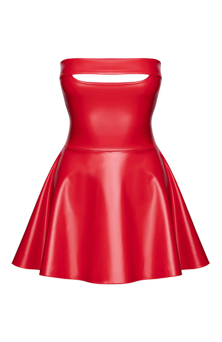 Red wet look strapless mini dress with provocative neckline - COAX Fetishwear