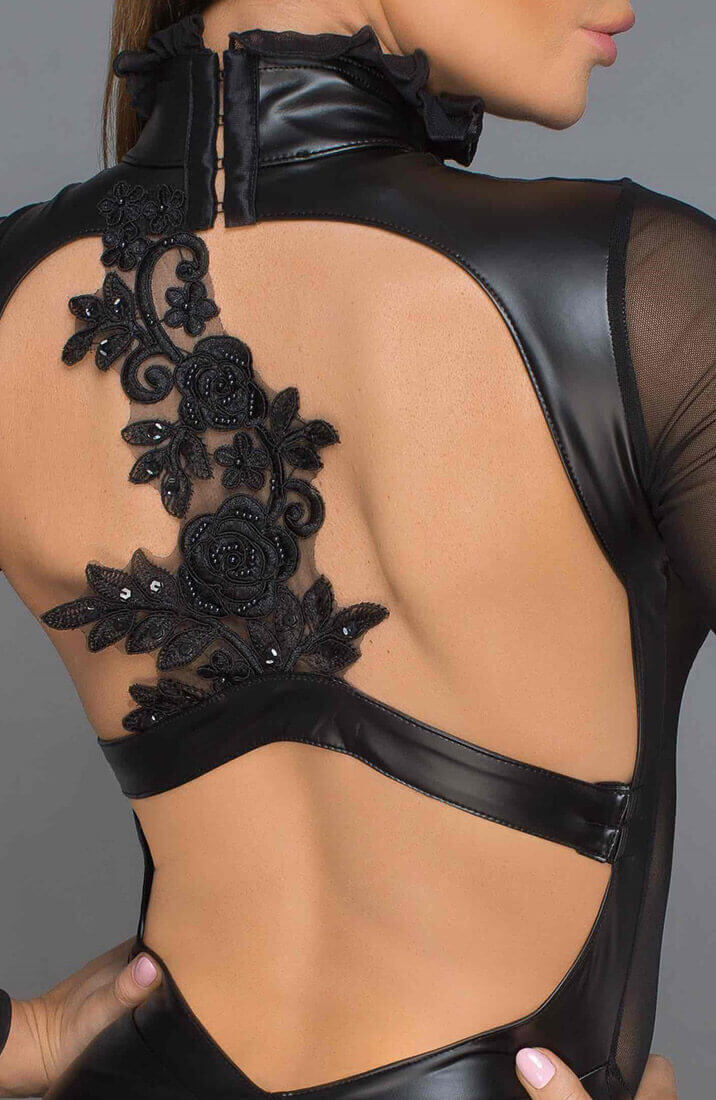 Sexy black wet look dress with embroidery