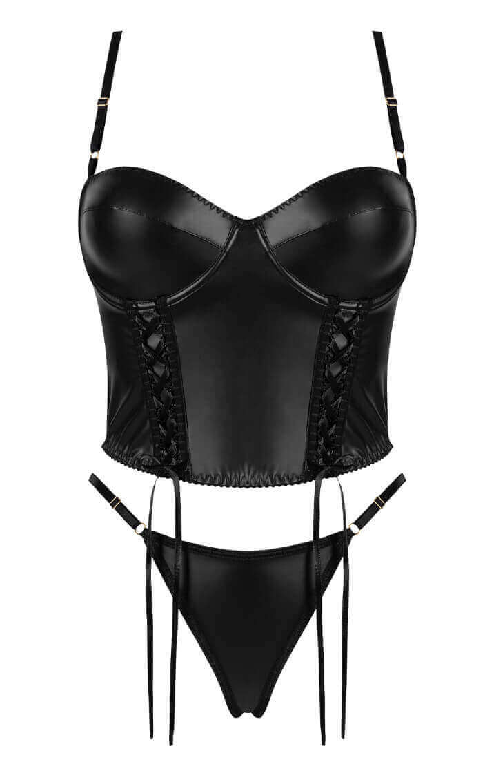 Sexy black wet look lingerie set with lace-up