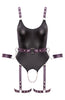 Provocative crotchless lingerie with belt, thigh straps, and silver hardware