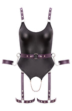 Load image into Gallery viewer, Provocative crotchless lingerie with belt, thigh straps, and silver hardware