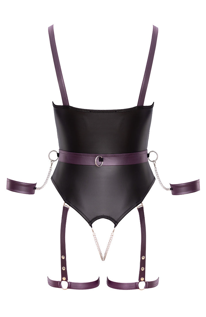 Soft bondage bodysuit with open crotch and luxurious restraint details