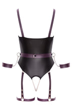 Load image into Gallery viewer, Soft bondage bodysuit with open crotch and luxurious restraint details
