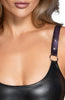 Stretchy erotic lingerie bodysuit with belt and thigh harnesses