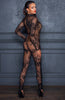 Sheer black mesh catsuit with flock embroidery