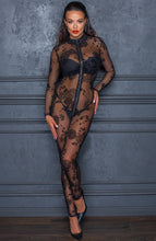 Load image into Gallery viewer, Sheer black mesh catsuit with flock embroidery