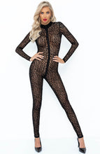 Load image into Gallery viewer, Sexy sheer black catsuit with leopard flock embroidery