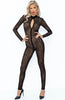 Sexy sheer black catsuit with leopard flock embroidery