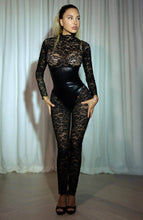 Load image into Gallery viewer, Black lace catsuit with a glossy wet look underbust bodice, creating a striking contrast of textures for a seductive appeal