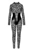 Statement sheer lace catsuit with wet look underbust design, crafted for fetish-inspired fashion and sultry styling