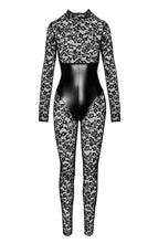 Load image into Gallery viewer, Statement sheer lace catsuit with wet look underbust design, crafted for fetish-inspired fashion and sultry styling