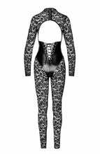 Load image into Gallery viewer, Black lace catsuit with a wet look bodice, offering a breathtaking combination of sheer seduction and bold shine