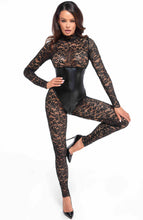 Load image into Gallery viewer, Seductive black lace catsuit featuring a wet look corset-style underbust bodice, blending sensuality with fetish-inspired fashion