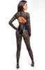 Ultra-sexy sheer black lace catsuit with a structured wet look underbust panel, designed for daring lingerie lovers