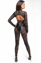 Load image into Gallery viewer, Ultra-sexy sheer black lace catsuit with a structured wet look underbust panel, designed for daring lingerie lovers