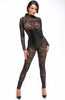 Sheer floral lace catsuit with glossy wet look underbust details, blending classic lingerie romance with modern edge