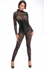 Load image into Gallery viewer, Sheer floral lace catsuit with glossy wet look underbust details, blending classic lingerie romance with modern edge