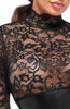 Sheer black lace catsuit with an openwork floral pattern and wet look underbust design for a dramatic boudoir effect