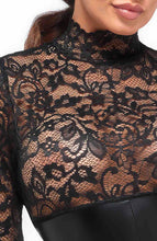 Load image into Gallery viewer, Sheer black lace catsuit with an openwork floral pattern and wet look underbust design for a dramatic boudoir effect