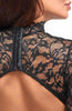Sheer black lace catsuit with wet look bodice