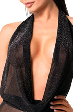 Load image into Gallery viewer, Black sheer jumpsuit with glitter embellishments - sultry, sparkling, and effortlessly sexy
