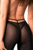 Black glitter mesh jumpsuit that catches the light and contours the body for an irresistible silhouette