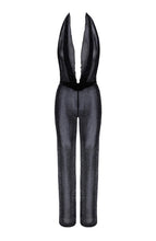 Load image into Gallery viewer, Sheer black bodysuit-style jumpsuit with shimmering details - the perfect mix of elegance and edge