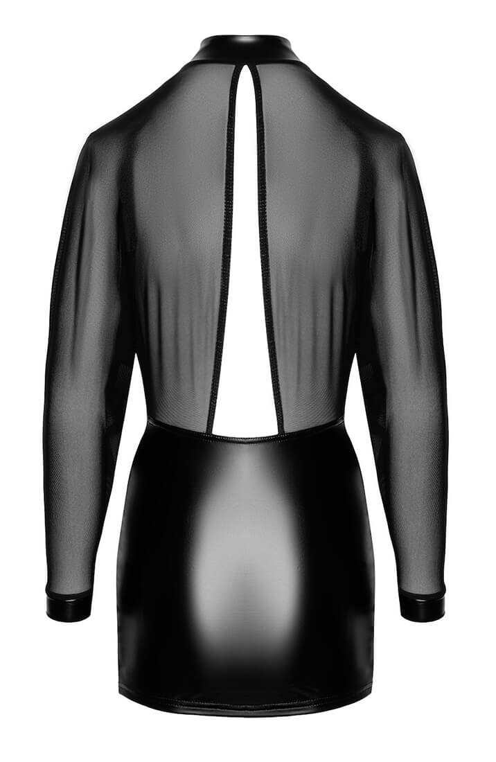 Sheer black mesh X wet look dress