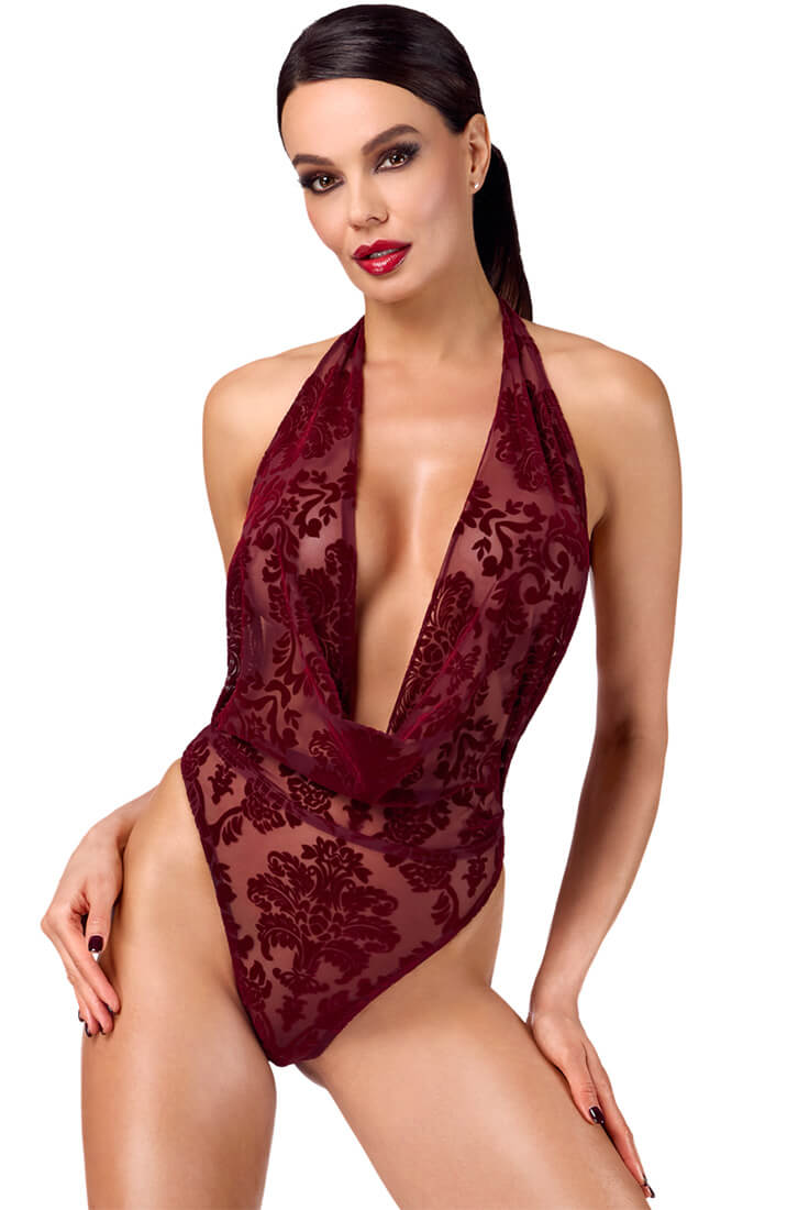 Sheer burgundy bodysuit in flocked nylon with draped cowl neckline from COAX Copenhagen