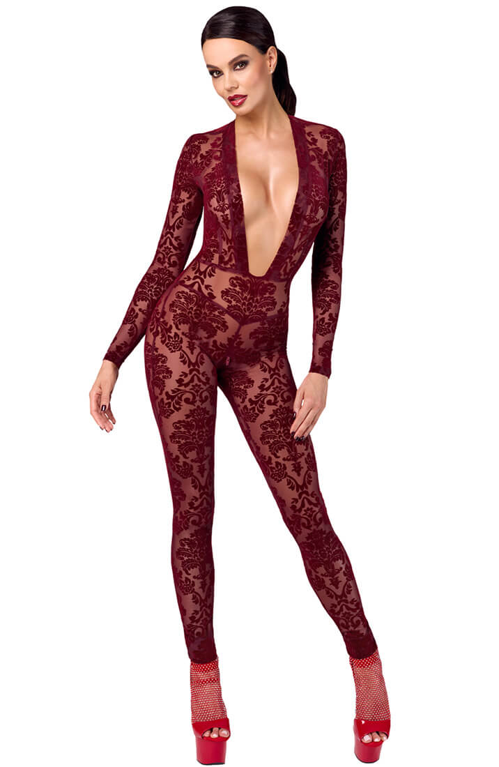 The COAX Fetish burgundy catsuit in sheer flocked fabric with velvet texture and long sleeves