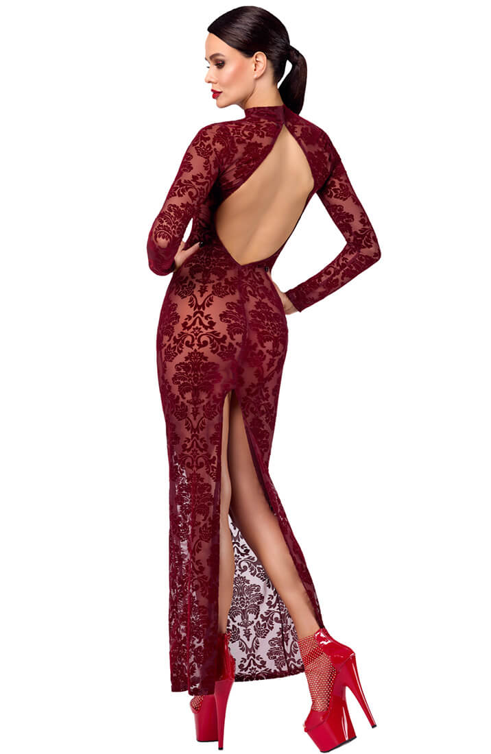 The COAX Fetish sheer burgundy gown with velvet texture and elegant high neck
