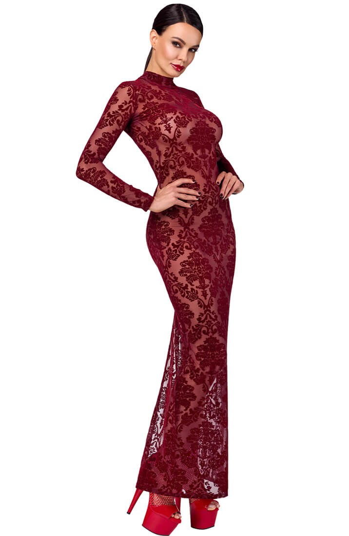 Sheer burgundy long gown in flocked nylon with open back from COAX Copenhagen