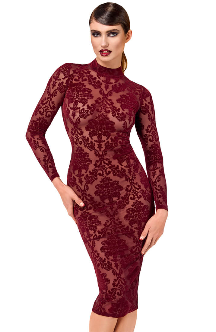 The COAX Fetish sheer burgundy midi dress with velvet texture and long sleeves