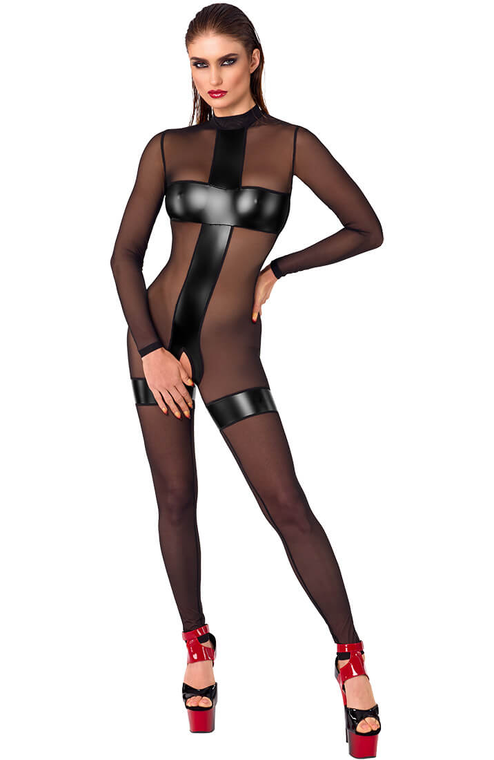 Sheer see-through catsuit with crotchless cut and wet look accents by COAX Copenhagen