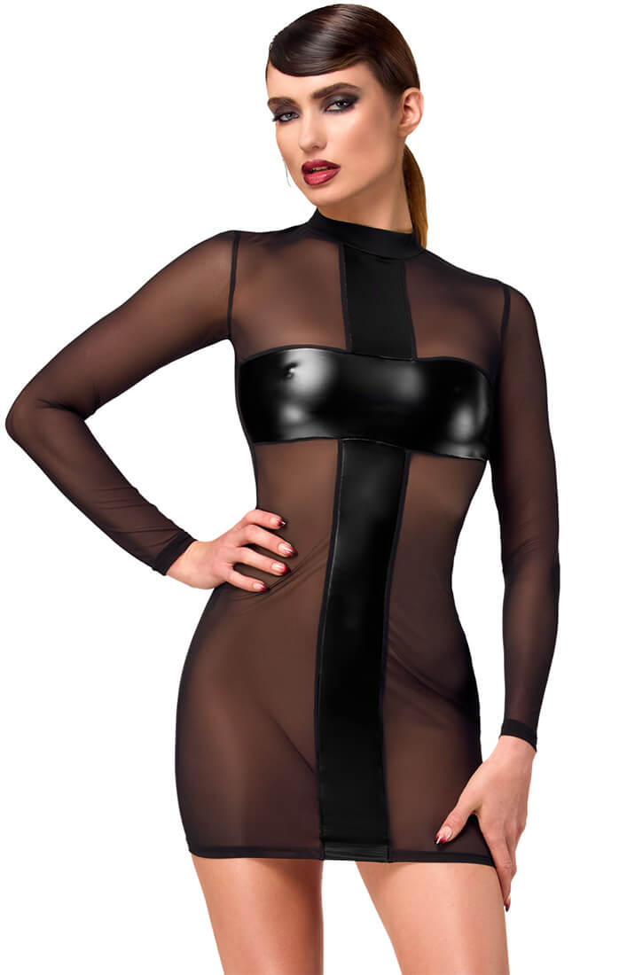 Sheer mesh and wet look mini dress with sculpted silhouette by COAX Copenhagen