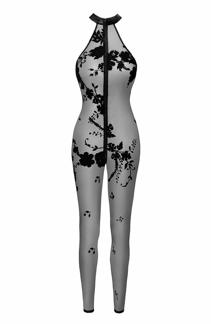 Alluring black sheer catsuit with halter neck detail - a must-have for seductive styling