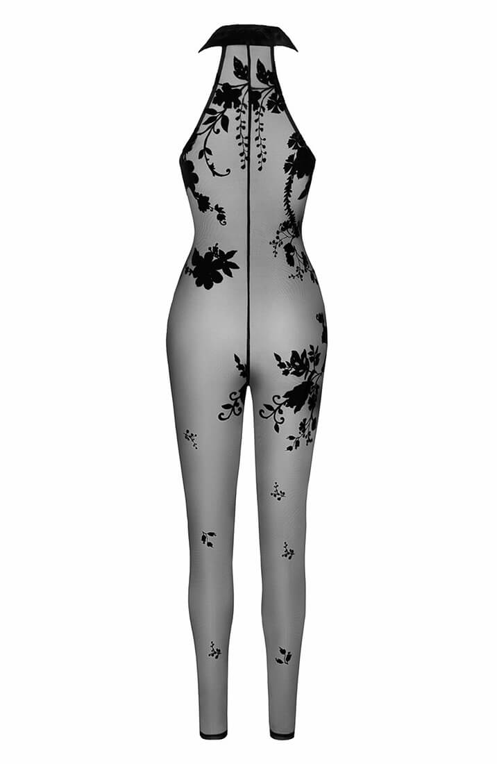 Lightweight sheer black mesh catsuit with a sleek halter neck - the ultimate in confidence and allure
