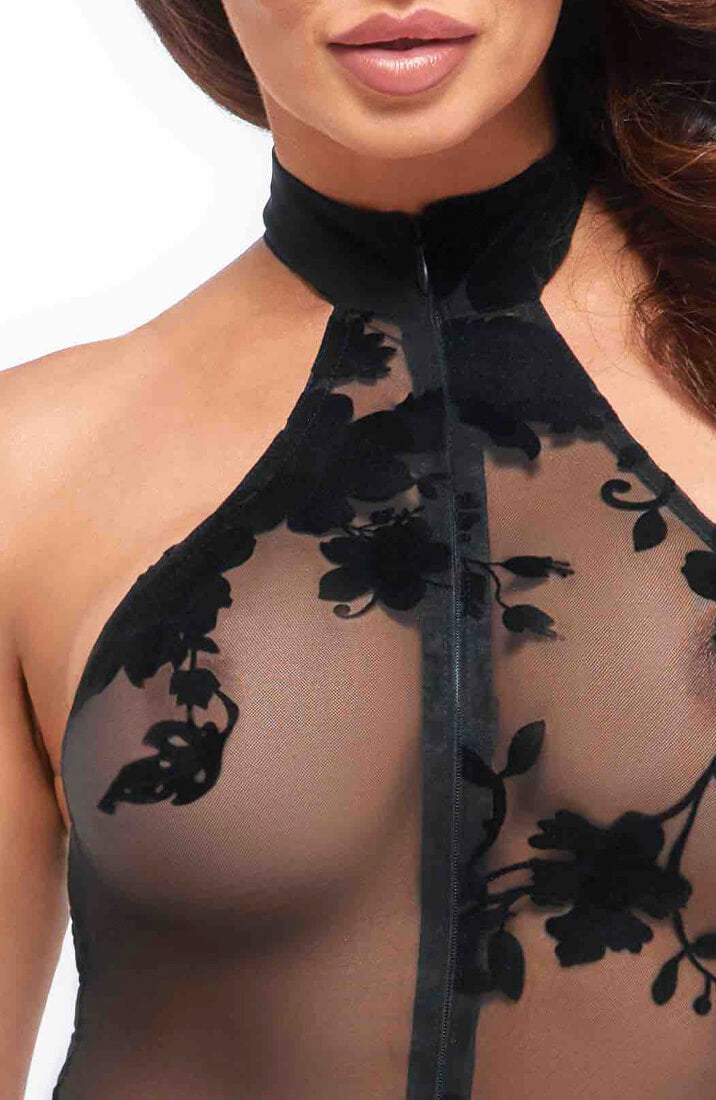 Sultry black mesh catsuit featuring a halter neckline and a body-sculpting fit