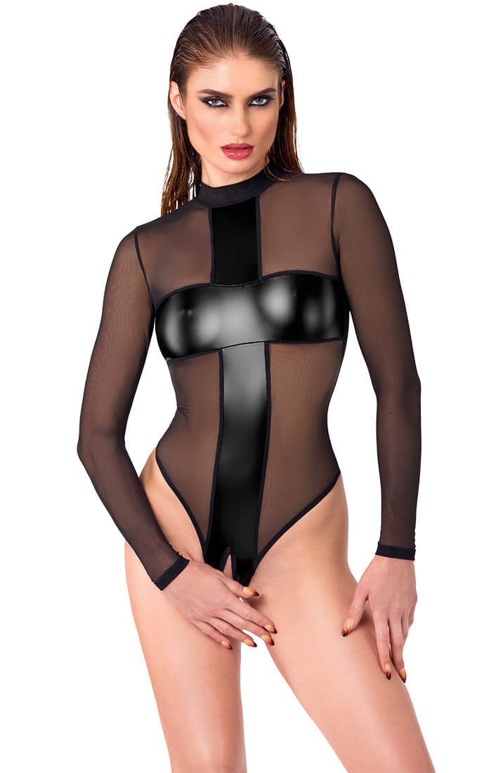 Sheer mesh and wet look crotchless body by COAX Copenhagen