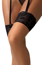 Load image into Gallery viewer, Sheer nude thigh highs with black lace top band