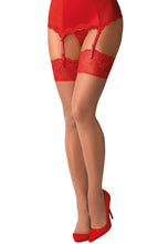 Load image into Gallery viewer, Sheer nude thigh highs with red lace top band