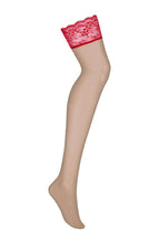 Load image into Gallery viewer, Sheer nude thigh highs with red lace top band