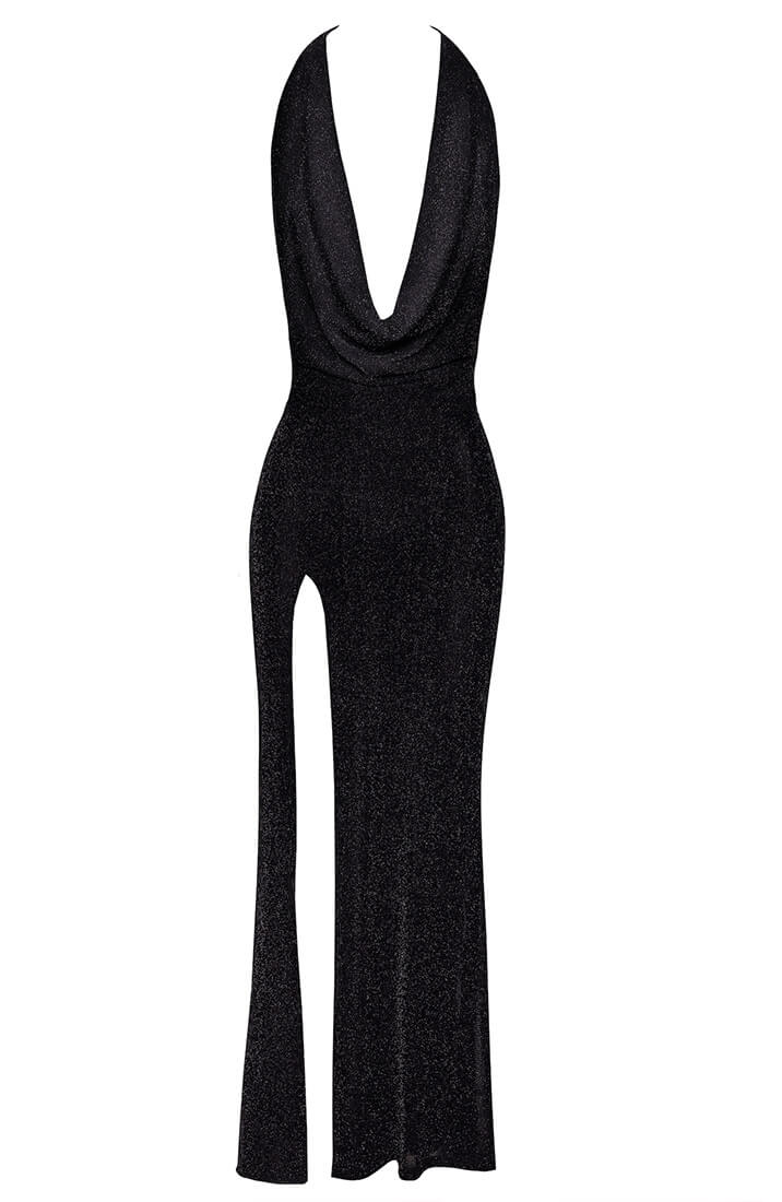 Sheer black shimmering mesh dress with flowing floor-length silhouette